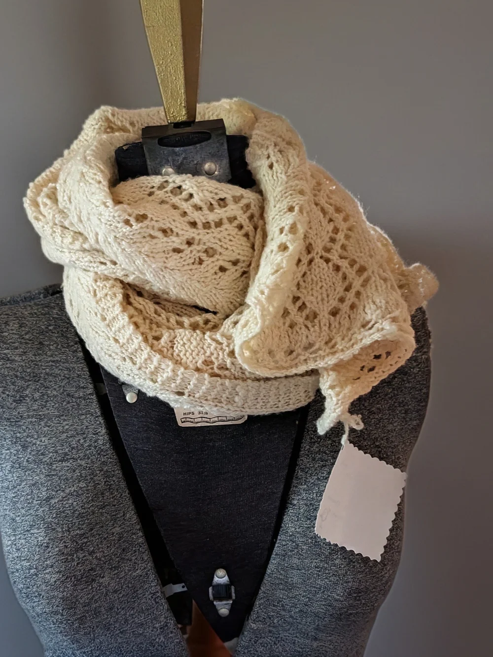 NWT Hand Spun & Knit Lace Shawl Scarf Cream White Pure Corriedale Wool By Hulda